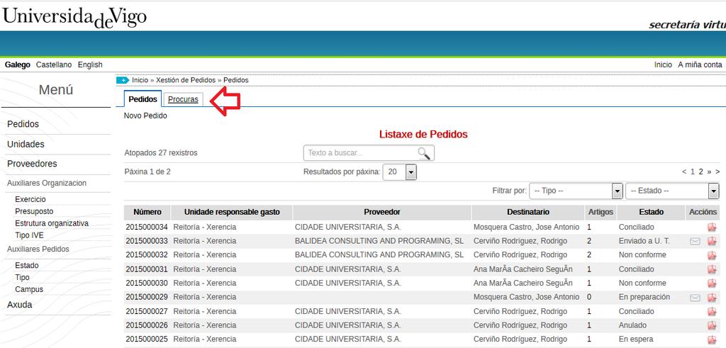 Ao pinchar en Procuras aparece o listado completo de variables