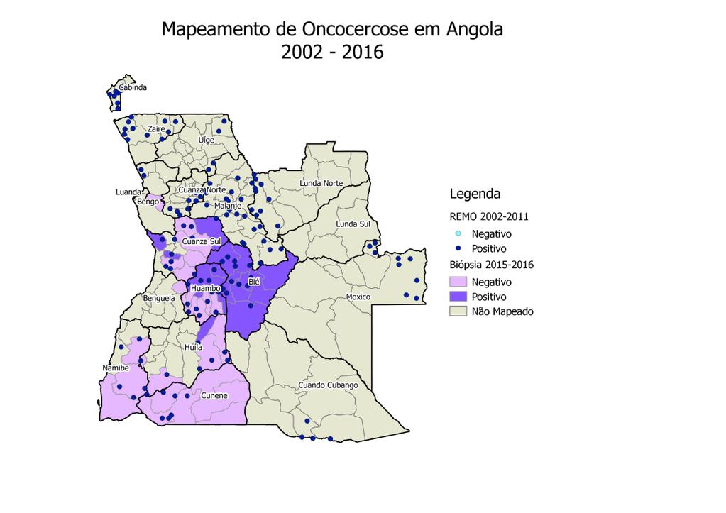 Figura 5- Situação atual Conhecida de Oncocercose em Angola O Anexo 3 apresenta os resultados detalhados de classificação de endemicidade com base nos dados disponíveis até 2017.