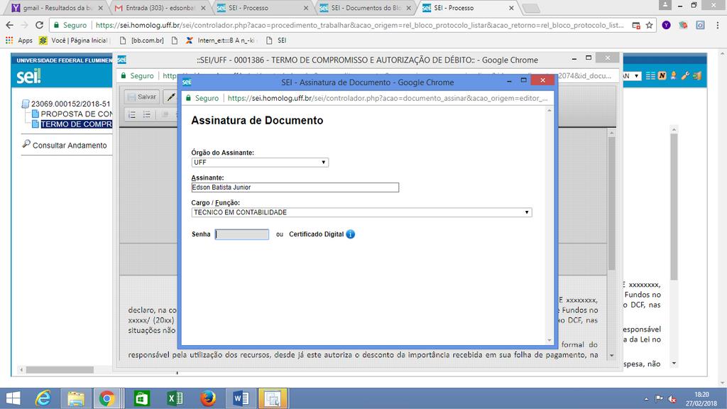 Continue preenchendo com as informações referentes à: Nome/ CPF/ SETOR/ PROCESSO/ RAMAL