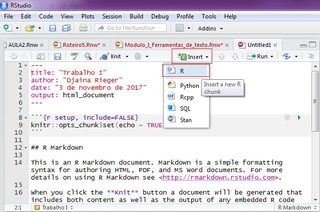 1.3 Chunks 1 R MARKDOWN E para entender melhor as opções válidas nos chunks, podemos usar o caminho abaixo que nos direcionará em um link de informações. 1.3.1 Função echo A função echo=true ou