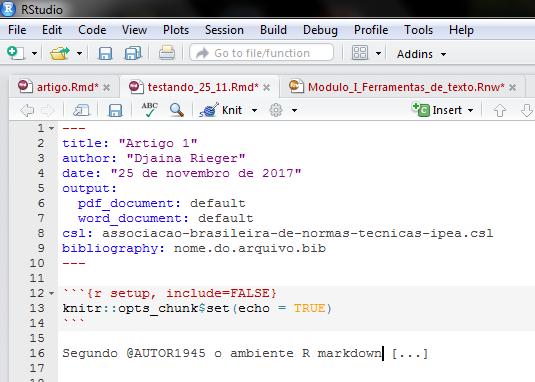 1.14 Formatação de texto vinculada ao Word 1 R MARKDOWN Em nossa aula usaremos a extensão de texto.bib através da criação de um arquivo de texto separado do arquivo R, porém contido na mesma pasta.