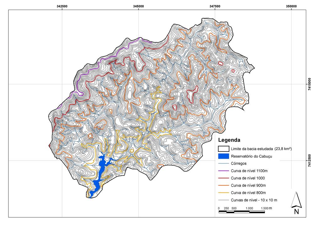Figura 04 - Topografia da bacia do rio Cabuçu de Cima (Fonte: Carta