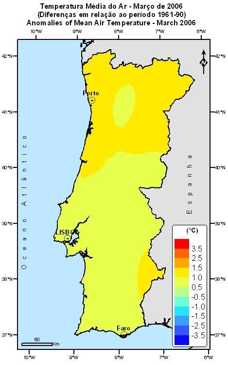 2. Temperatura do ar O mês de Março de 26 foi caracterizado por valores médios da temperatura média do ar superiores aos valores normais todo o território.