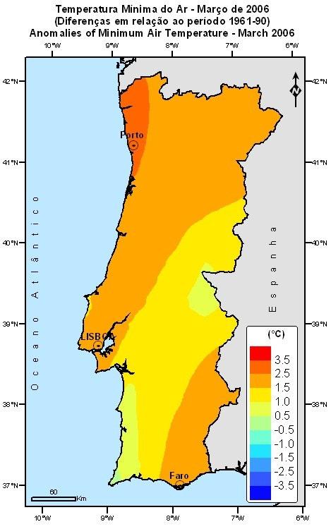 (a) (b) (c) (d) Figura 2 Distribuição espacial da temperatura mínima (a) e máxima (b) e respectivos desvios em relação à média 1961-9 (c) e (d) Em anexo