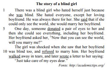 d) certainty Text 1: QUESTÃO 04 According to the text 2, all the alternatives are true, except a) The girl could see everything because she was donated a pair of eyes.