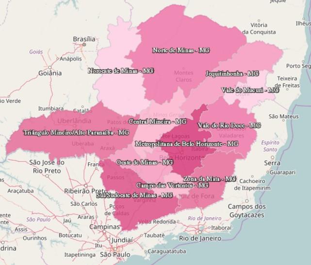 Figura 1 - Localização geográfica das doze mesorregiões de Minas Gerais. FONTE: IBGE- EstatGeo, Censo Demográfico de 2010. Elaboração CEPES/IEUFU.