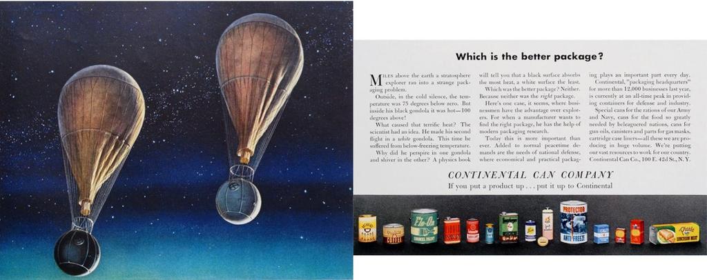 Interessante propaganda de 1941 assinalando as temperaturas dentro de gôndolas de balões de pesquisa atmosférica pintadas de branco e de preto.