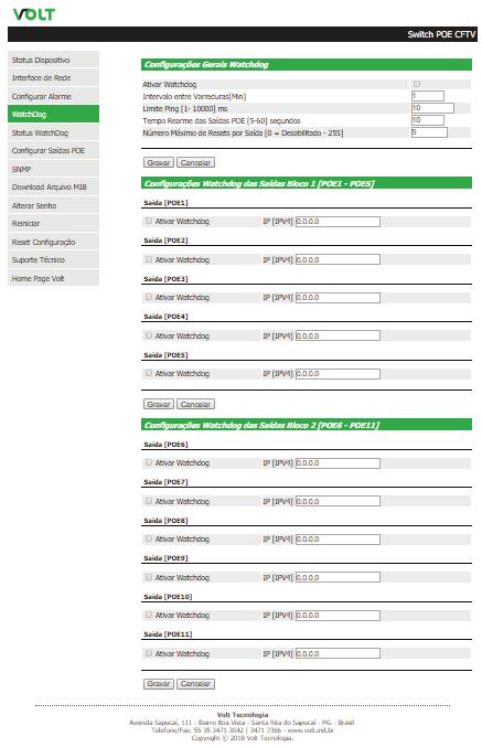 "WATCHDOG" Apresenta a página de configuração dos parâmetros do WatchDog do dispositivo.