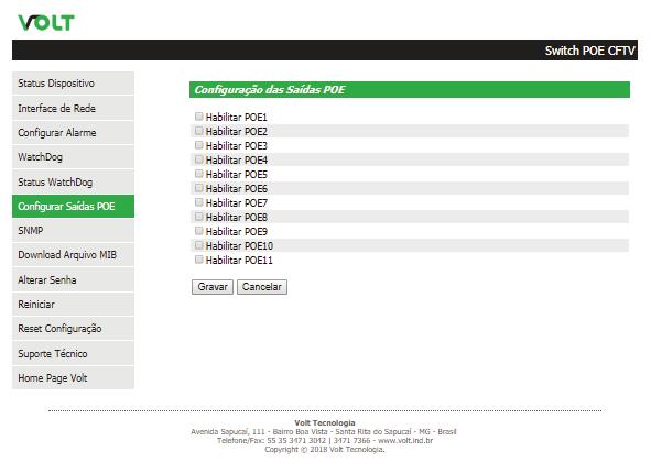 "CONFIGURAÇOES DE SAIDA POE" Apresenta o campo para Habilitar/Desabilitar as portas PoE