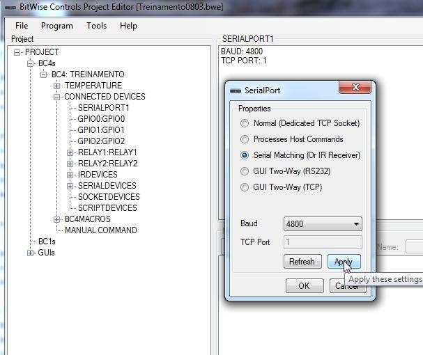 6. Utilizando o Flex35 com BC4 ou BC1 Faça seu projeto no BitWise Controls Project Editor, configurando na guia CONNECTED DEVICES a opção SERIALPORT1 : selecione a opção Serial Matching (Or IR