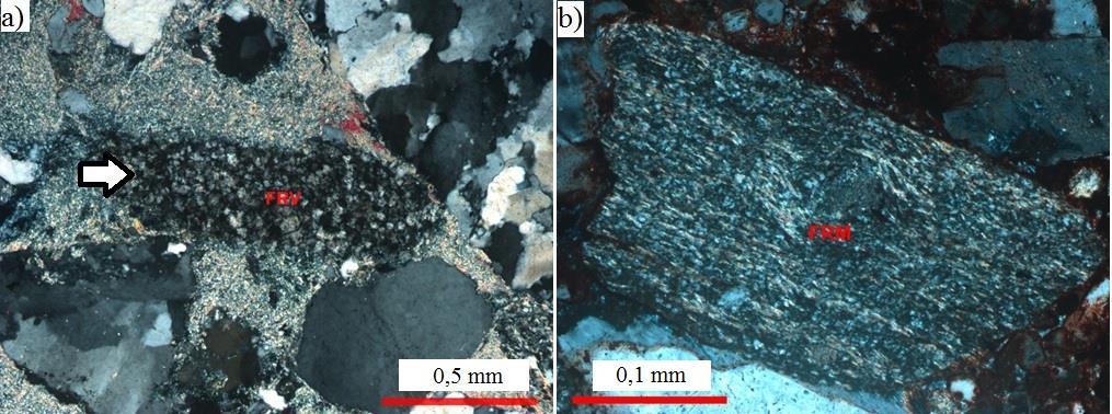 127 em fragmentos de rocha plutônica como grãos monominerálicos, rara presença de muscovita e minerais opacos, como grãos monominerálicos. Figura 5.