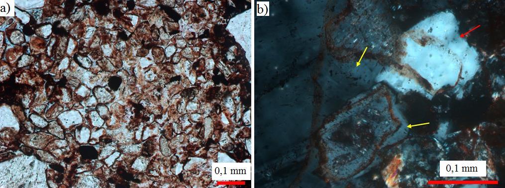 6 Imagens da lâmina 3: a) Hematita microcristalina substituindo grãos indeterminados e em cutículas contínuas cobrindo grãos (polarizadores descruzados); b) Crescimentos bem desenvolvidos de quartzo