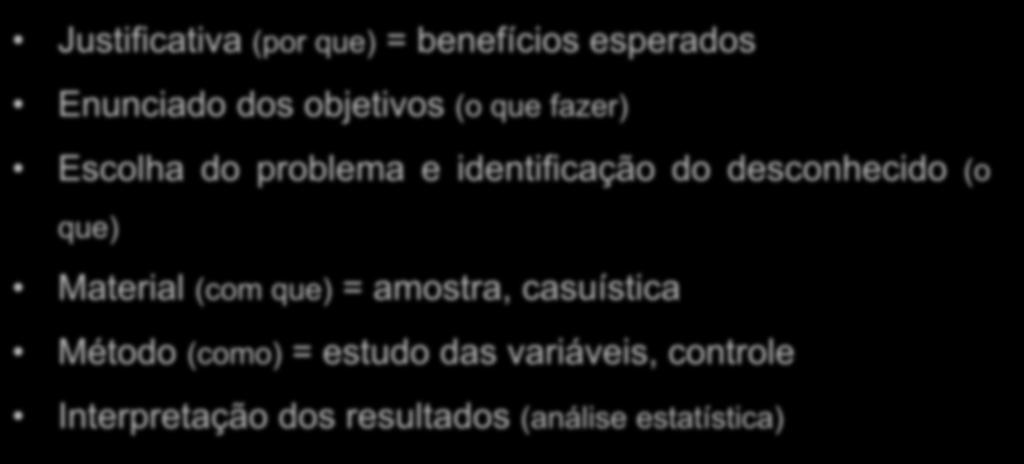 Justificativa (por que) = benefícios esperados Enunciado dos objetivos (o que fazer) Escolha do problema e identificação do desconhecido (o que) Redação