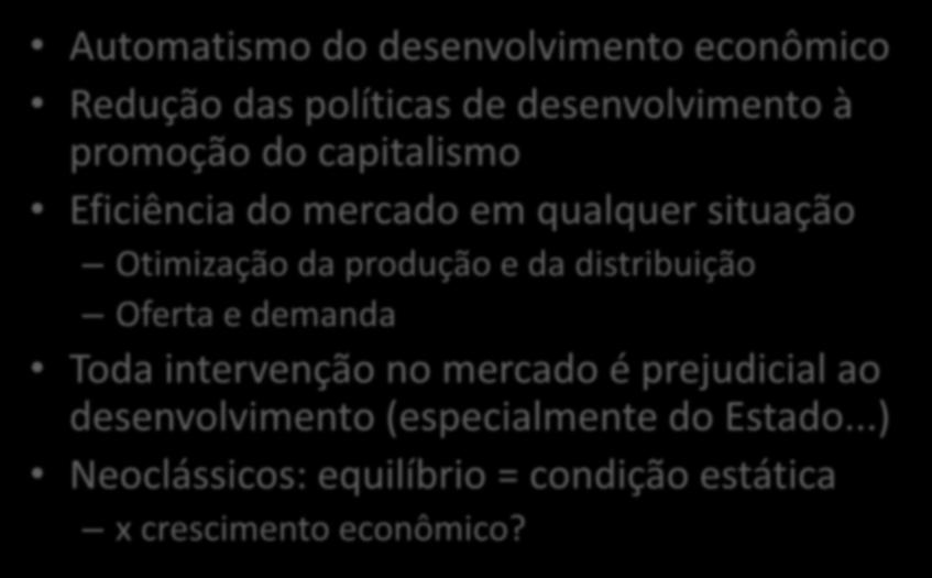 Noções neoclássicas que se pretendia contestar Automatismo do desenvolvimento econômico Redução das políticas de desenvolvimento à promoção do capitalismo Eficiência do mercado em qualquer situação