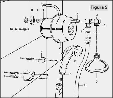 2 - Sem usar ferramentas, rosqueie o corpo do crivo (C) na saída (3) do compensador (B), e este conjunto ao tubo de saída de água (2) da Ducha (D).