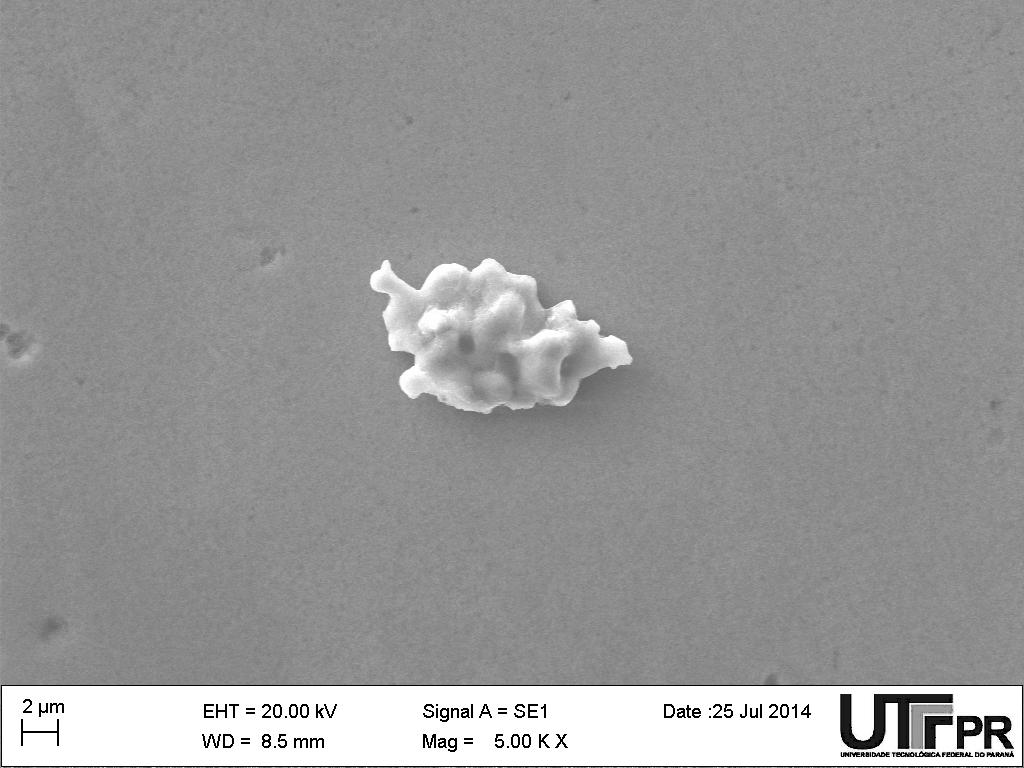 Figura 33 Partícula de ferro arrancada dispersa no sistema TRN5. Não apenas as bordas das grafitas estão sujeitas a esse arrancamento.