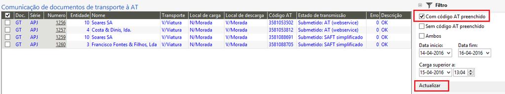 relativa ao documento comunicado, nomeadamente a entidade, transporte, local de carga e descarga.