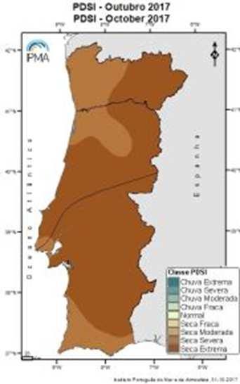 Classificação da situação da seca meteorológica em Portugal Continental em 31 de Outubro de 2017 pelo índice PDSI.