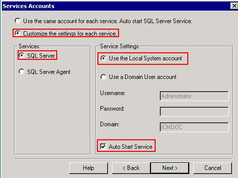 18. Clique em Customize the settings for each service. 19. Escolha a opção SQL Server na seção Services e a opção Use the Local System account na seção Service Settings (veja a Figura 12).