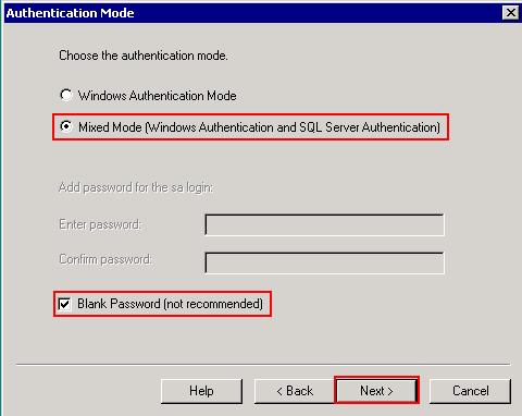 22. Escolha a opção Mixed Mode (Windows Authentication and SQL Server Authentication) e marque a caixa de seleção Blank Password