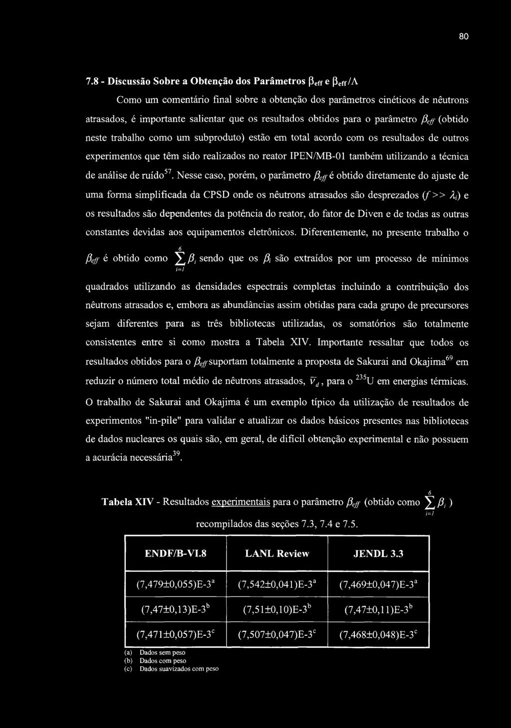 80 7.8 - Discussão Sobre a Obtenção dos Parâmetros peff e Peff/A Como um comentário final sobre a obtenção dos parâmetros cinéticos de nêutrons atrasados, é importante salientar que os resultados