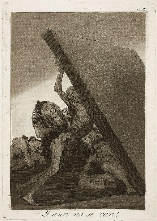 150 Francisco de Goya, Y aun no se van!, Caprichos, estampa 59, 1799. Água-forte, água-tinta polida. 213mm X 151mm. Museo del Prado.