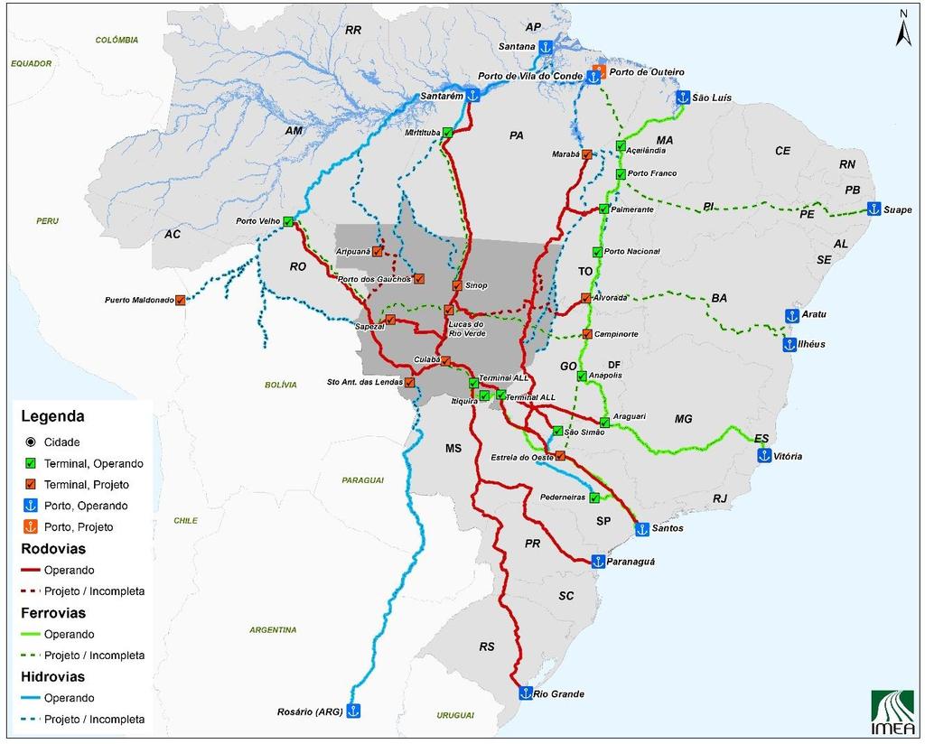 Fluxo de Exportações de Grãos Escoamento de Grãos por Porto (Participação %) em 2017 Portos Export. soja Export.