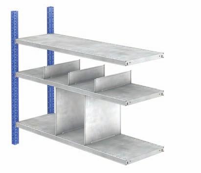 Componentes Divisórias de prateleira perfurada Separações verticais que permitem criar compartimentos nos níveis criados com prateleiras HM.