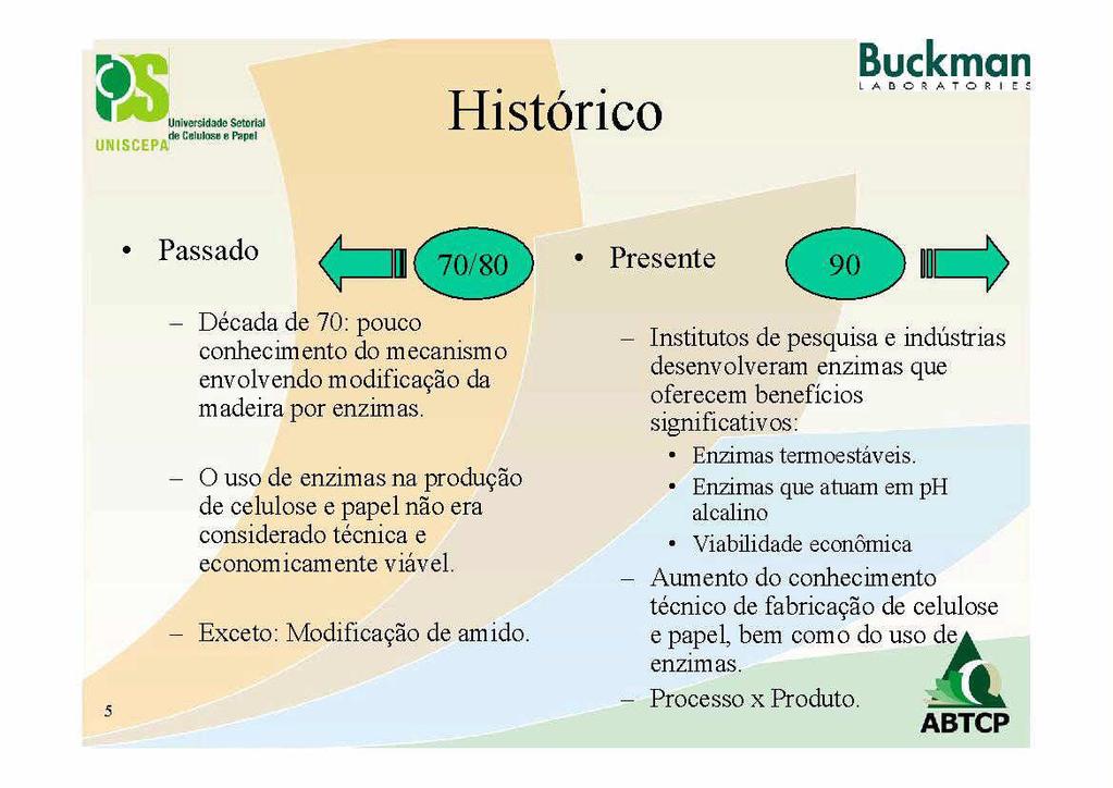 elrsl eaos U N I S U E YAa OeluNge a Vnpel Historico Passado I 70 80 Presente II 5 Decada de 70 pouco conhecimento do mecanismo envolvendo modificagao da m adeira por enzim as O use de enzimas na