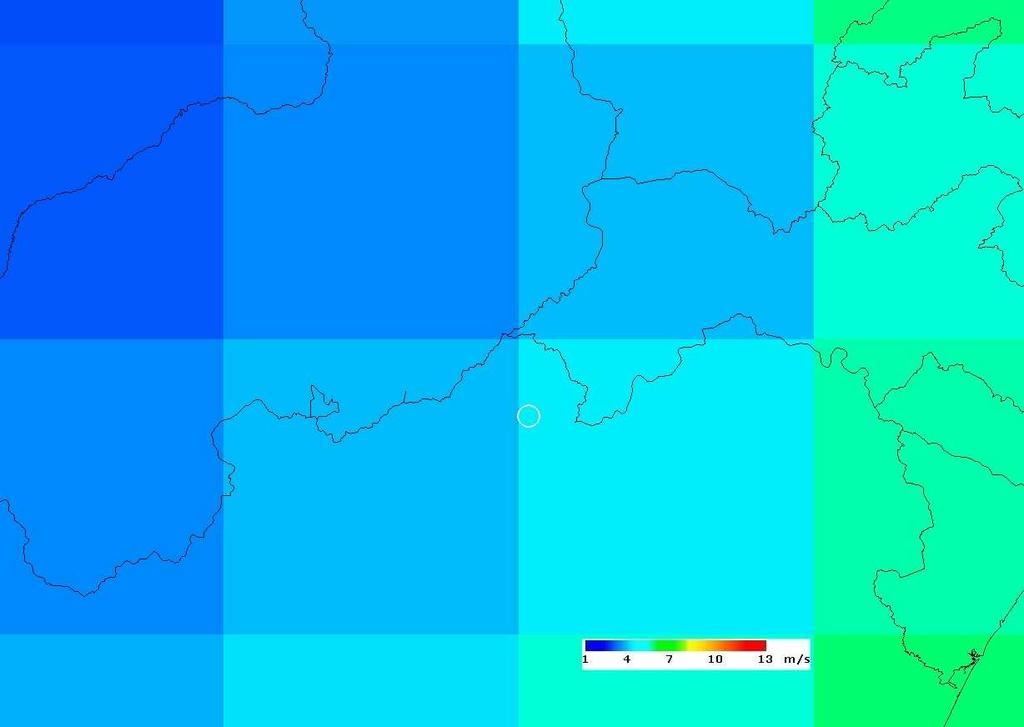 Figura 3 - Velocidade média do vento à superfície, proveniente do projecto Reanalysis com os limites administrativos das áreas em estudo.