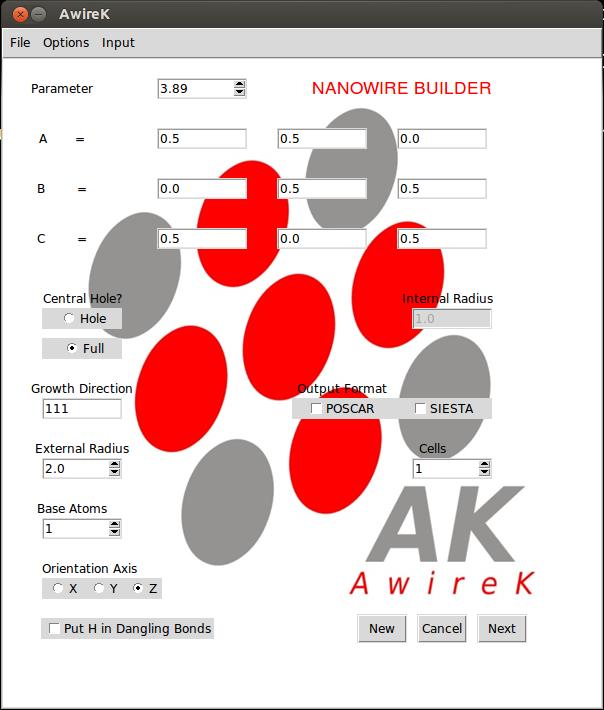 63 Apêndice C PROGRAMA AWIREK O programa AwireK foi desenvolvido por Leonardo Abdalla e Alexsandro Kirch, originalmente para a geração de geometrias de nanofios estruturados.