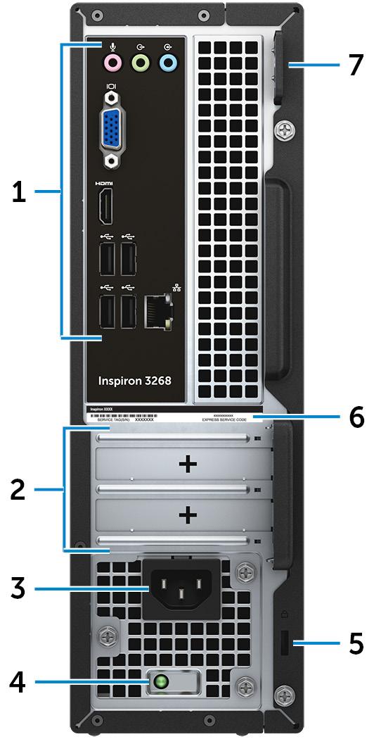 Posterior 1 Painel posterior Ligue o USB, áudio, vídeo e outros dispositivos. 2 Ranhuras da placas de expansão Fornecem acesso a portas em quaisquer placas PCI Express instaladas.