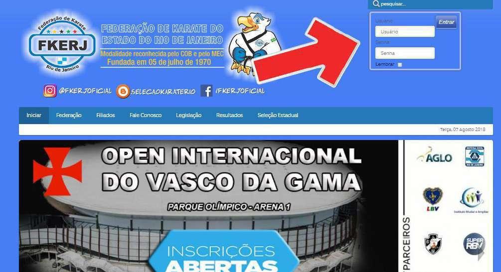 Após a realização do Cadastro, voltar na página inicial da Federação e fazer