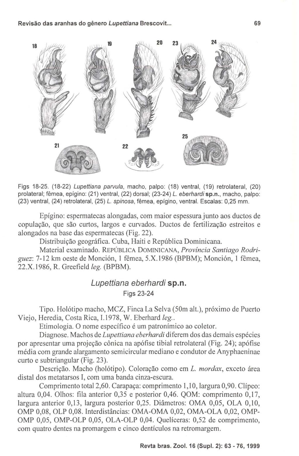 Revisão das aranhas do gênero Lupettiana Brescovit... 69 Figs 18-25.