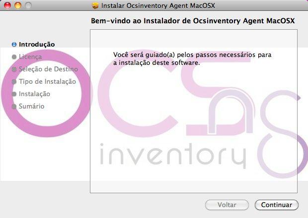 Inventory NG Agent Now. b. Mac OS Execução do instalador do Agente customizado para a unidade em questão na máquina a ser inventariada. Descompactar o arquivo ocs_padrao_mac_os.pkg.