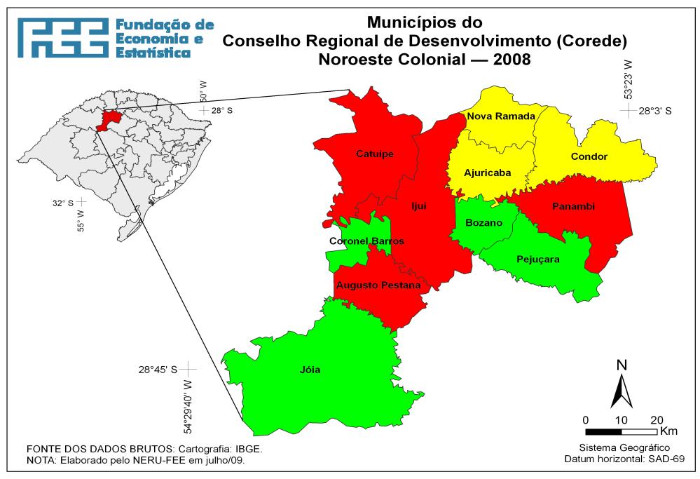 Figura 2: Noroeste Colonial Os mapas acima somam a área de abrangência do Projeto Fronteiras. Os municípios que estão em vermelho, representam as rádios visitadas e pesquisadas.