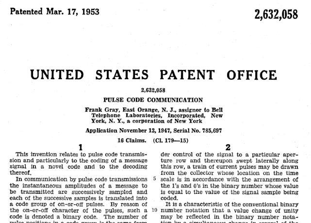 Código de Gray Patente US 2,632,058 Pulse Code Communication (1953).