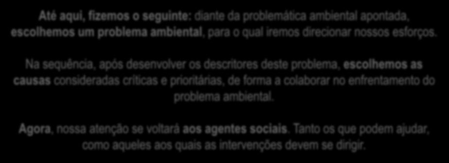 Para enfrentarmos o problema Problema 1 Problema 2 Problema 3 Problema n Causa 1 Causa 2 Causa 3 Causa n Até aqui, fizemos o seguinte: diante da problemática ambiental apontada, escolhemos um