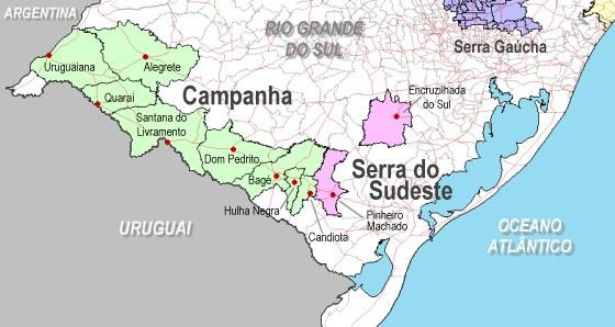 Vinhos do Brasil: RS VIAMÃO Pequena região junto à Porto Alegre CAMPANHA Divisa com Uruguai paralelo 31º Extensas planícies Pampa gaúcho Solo: arenoso baixa acidez Clima mais seco Estações bem