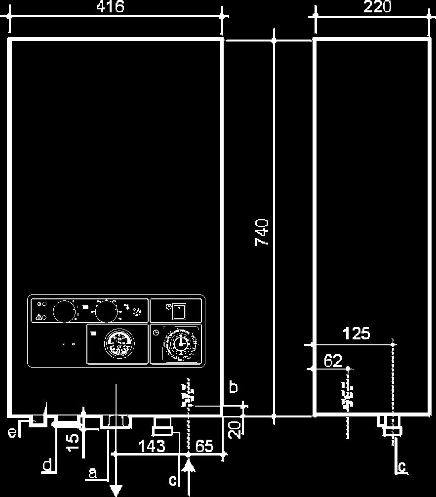 conexión termostato ambiente a - Ligação 1" b - Ligação retorno 1" c - Válvula de segurança 1/2" d - Passa cabos para ligação