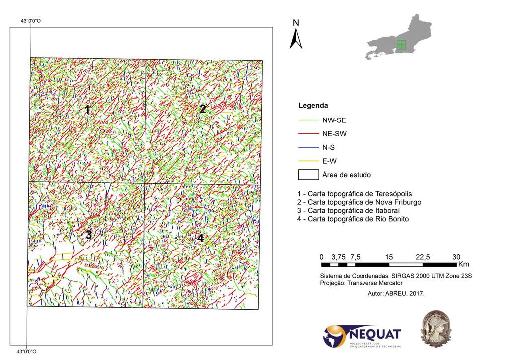 Fig. 2- Mapa com os lineamentos de todas as direções reconhecidos para as quatro cartas