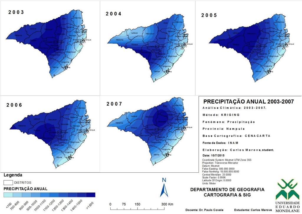 Fig. 9: Mapas de distribuição anual da precipitação, 2003-2007. Fonte: elaborado pelo autor, base cartográfica: CENACARTA. 12. Mapa de precipitação média anual no periodo de 2003-2007.