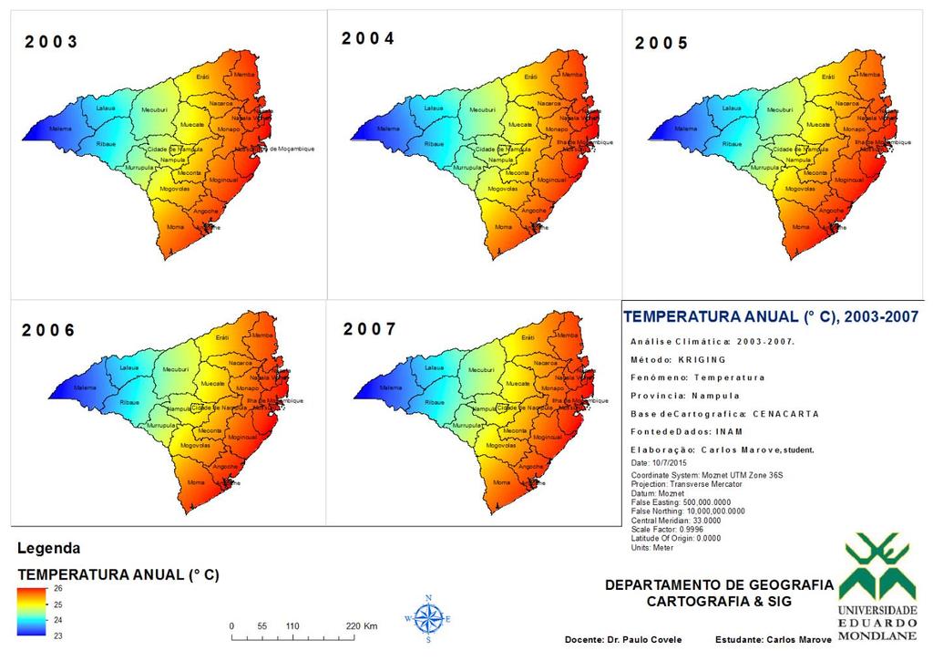Fig. 5: Distribuição anual da temperatura, Província de Nampula. Fonte: elaborado pelo autor, base cartográfica: CENACARTA.
