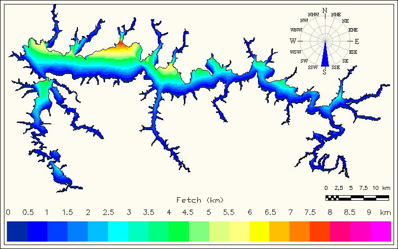 Figura 4 - Distribuição do fetch para ventos provenientes de WNW a ESE Com base nos mapas gerados foram extraídos os