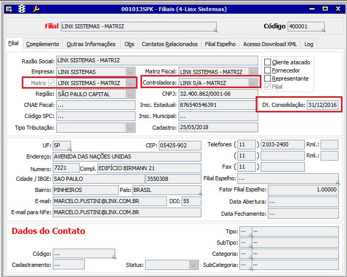 1. A Linx Sistemas é controlada pela Linx S/A, portanto, na tela 001013 - Filiais, adicione o nome da controladora no camp Controladora da guia Filial e adicione a data em que a Linx Sistemas foi