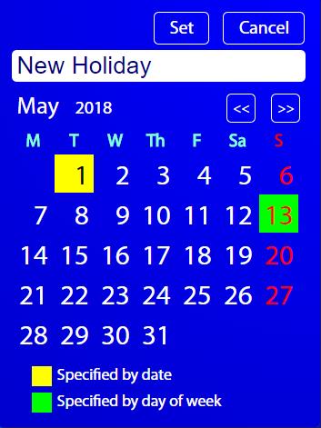 Primeiro, insira um nome de calendário exclusivo. Navegue pelos meses nos botões << ou >> para selecionar o mês. Selecione a data, toque no dia do calendário e defina o dia especial.