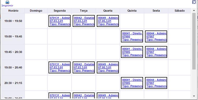 1 Clique em Quadro de horários e verifique os horários das disciplinas