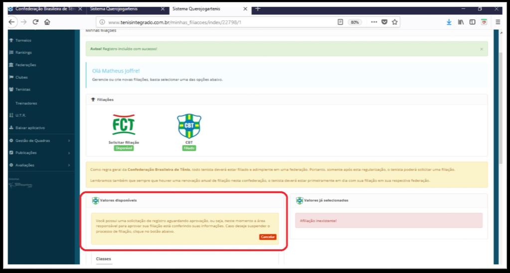 - Após o clique em Finalizar, você será redirecionado para a página abaixo. - A partir deste momento o Departamento Técnico da CBT estará analisando sua solicitação e sua documentação.