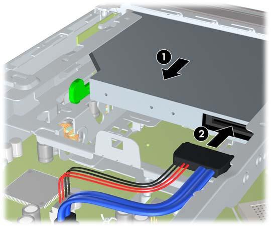 3. Deslize a unidade óptica através de todo o painel frontal até o final do compartimento para que ela bloqueie no lugar (1), em seguida conecte o cabo na parte traseira da unidade (2).