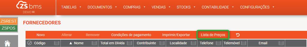 2 Acedendo à janela das listas de preços, podemos consultar as listas existentes por fornecedor, filtrar por Tipo (Normal ou